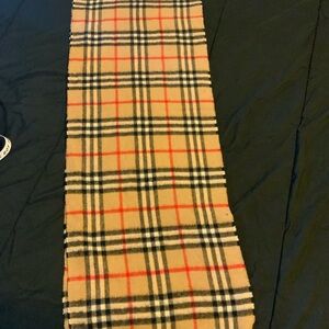 Burberry Tan Plaid Scarf with Red and Black Accents
